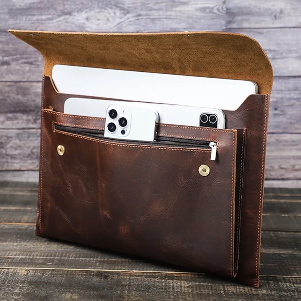 Top Grain Leather 14.2" Laptop Sleeve Bag, Magnet Snap Button Design & 3 Pockets
